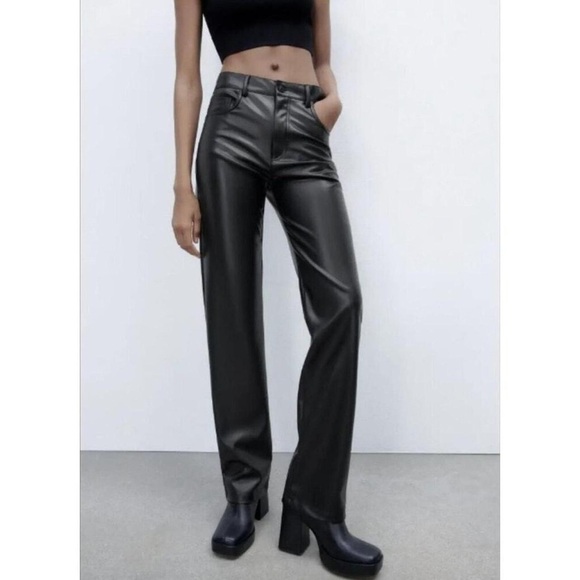 Zara Pants - Zara Wide Leg Faux Leather Pants Black High Rise Vegan Leather Size 0